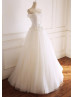 Off The Shoulder Ivory Lace Tulle Basque Waist Wedding Dress